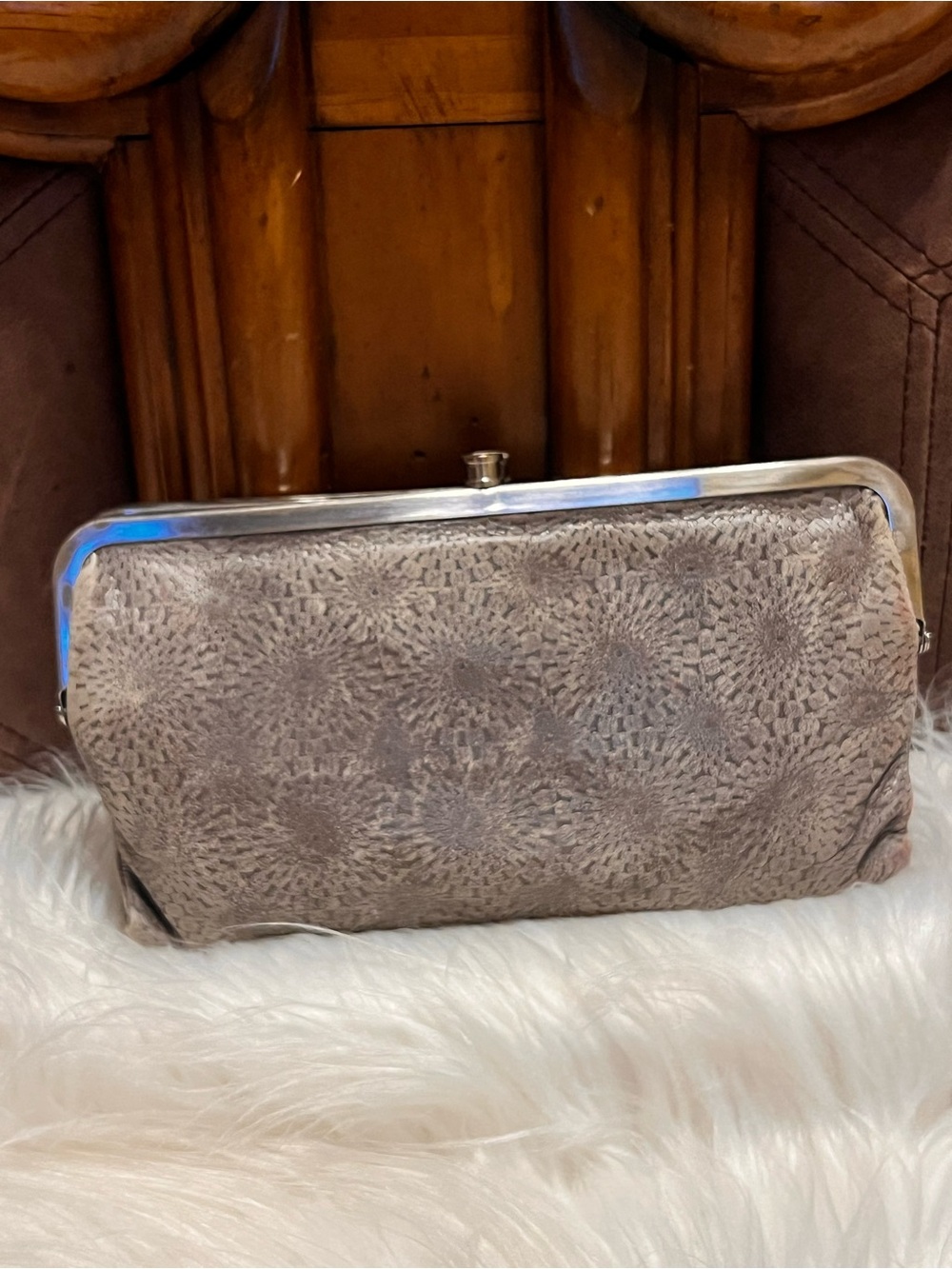 HOBO  international Taupe Patterned Frame Clutch with Silver-Tone Trim